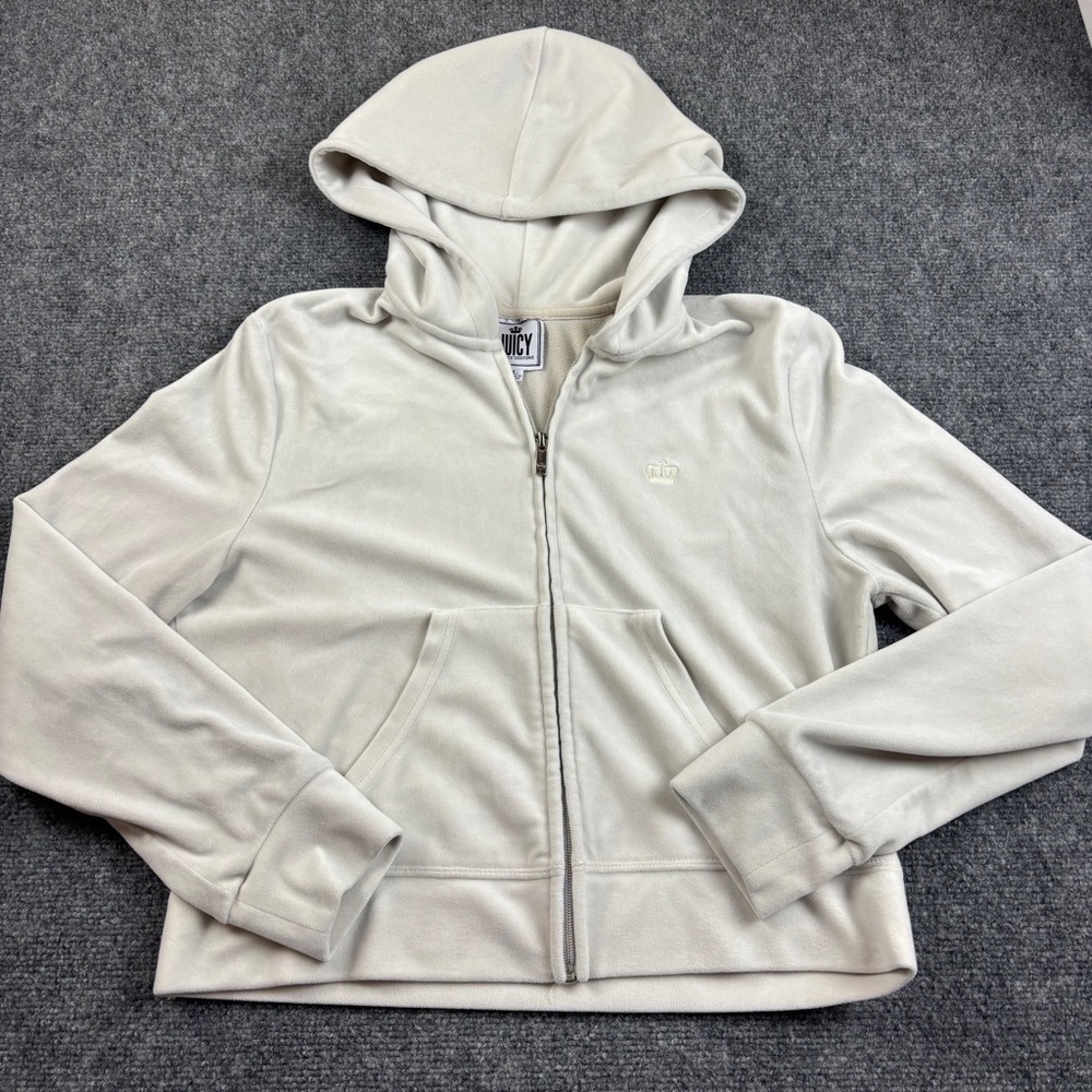 JUICY COUTURE Women’s White Velvet Velour Full Zip Hooded Sweatshirt size: Large